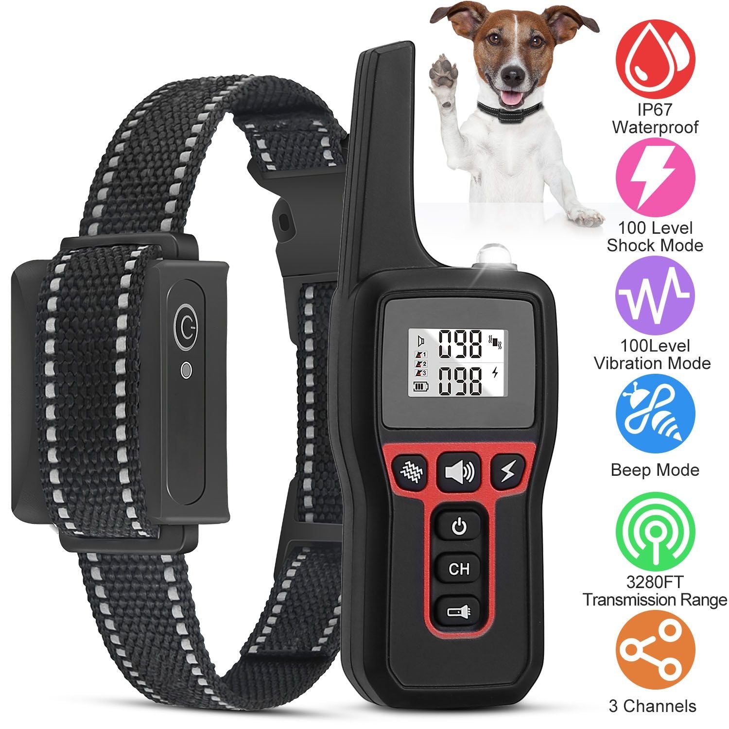 3280FT Waterproof Dog Training Collar Remote Beep Vibration Shock Features