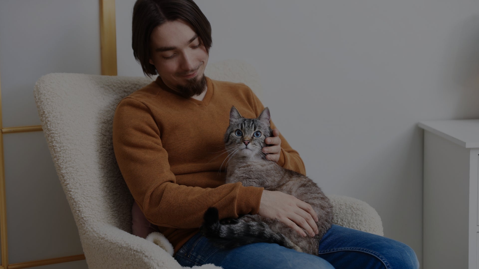 Person in mustard sweater cuddling adorable gray tabby cat on white couch