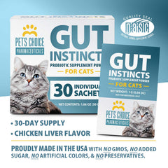 Pet’s Choice Gut Instincts Probiotic Supplement for Cats, Digestive & Immune Support, 30 Powder Packets, Made in USA
